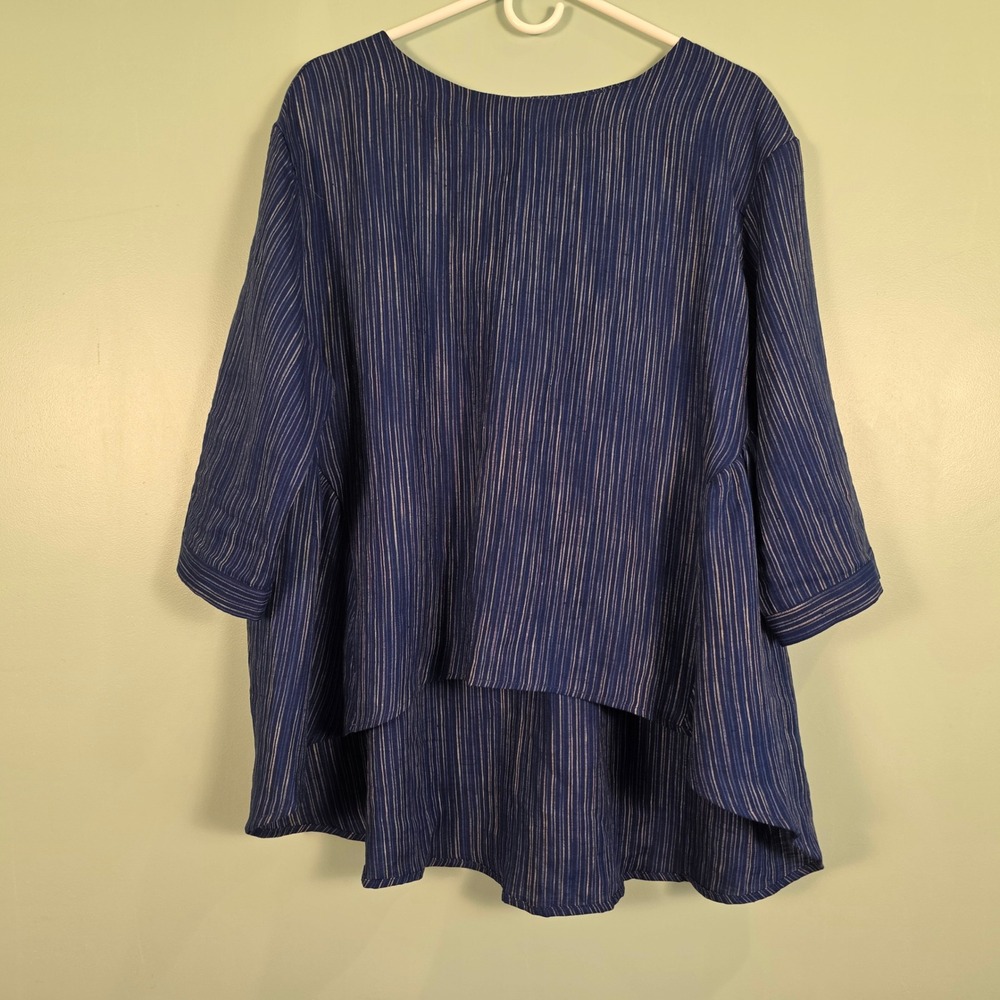 Lintico Blue Striped 100% Linen Oversized Blouse Top Womens Large 3/4 Sleeve